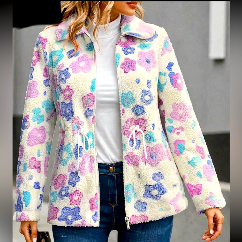 NEW! Groovy Retro Floral Zip Up Long Sleeve Boutique Teddy Coat with Pockets